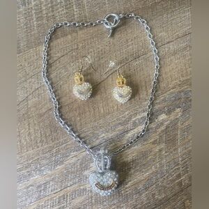 Juicy Couture Y2K Silver and Gold Heart Pendant Necklace & Earrings Set